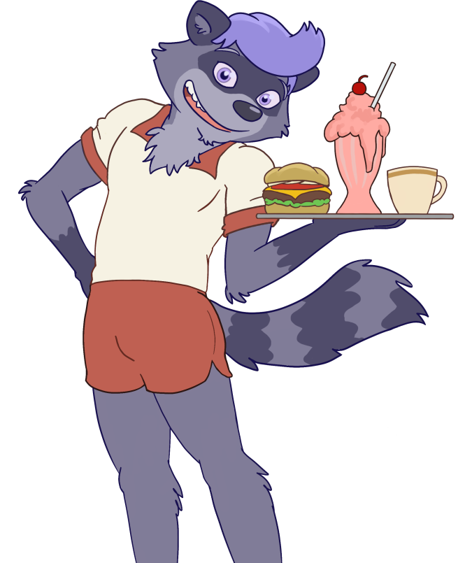 Raccoon diner server carrying tray of food and drinks